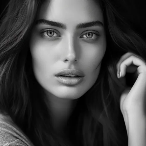 Stylish black and white portrait of a woman with long hair and expressive eyes