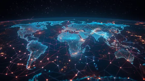 Illustration of a digital map of the planet with neural network connections