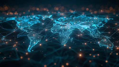 Mapa digital del mundo, conectado por líneas y puntos de red