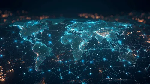 Imagen de una red de conexiones de información en todo el mundo con marcadores de ciudades