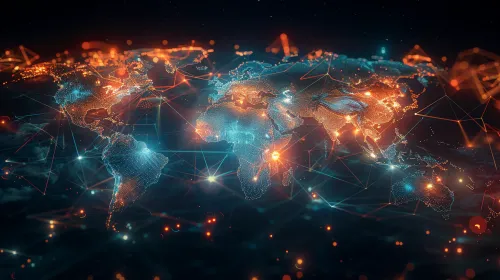Mapa electrónico del mundo con énfasis en países y carreteras, mostrando la red