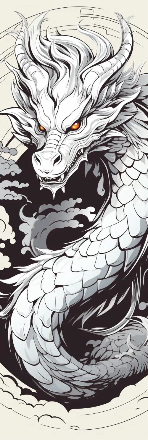 Illustration of a dragon with expressive features and clouds