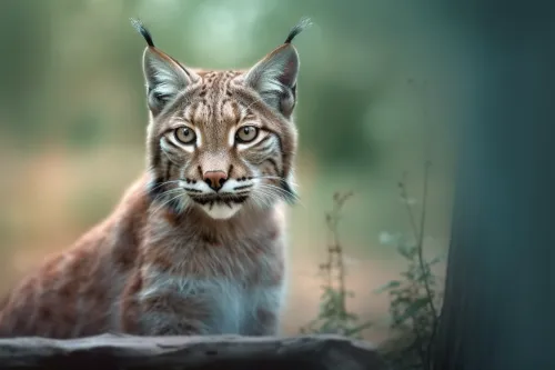 Lynx sitting against a blurred forest background, creating an effect of natural environment
