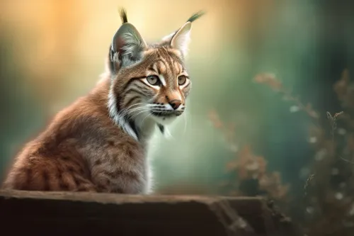 Lynx sitting on a log, attentively looking at the surrounding nature