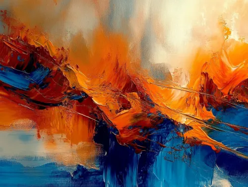 Vibrant abstract painting dominated by orange and blue colors