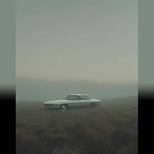 Vintage car standing in a field in the fog