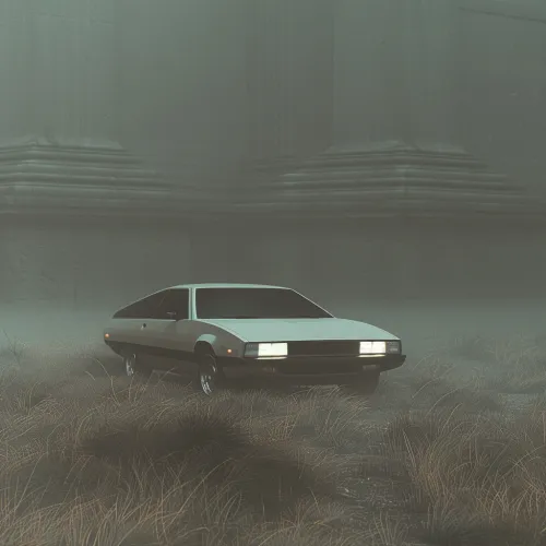 Aesthetic image of a car in an abandoned place under fog