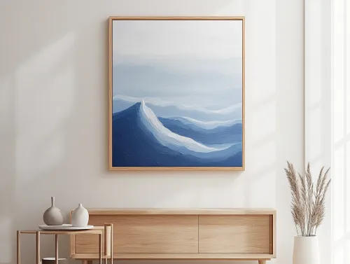 Painting depicting sea waves in calm shades of blue and white