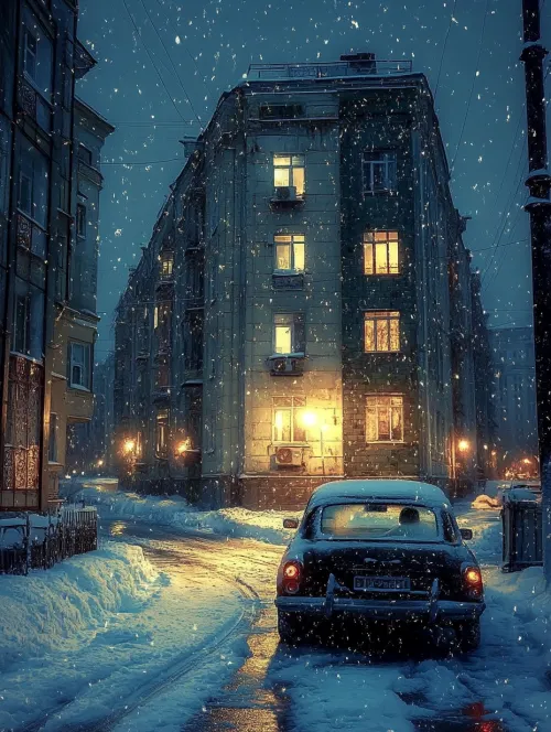 Winter Cityscape with Night Lighting and Snowdrifts
