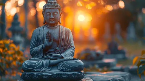 Beautiful Buddha statue in the park against the evening light