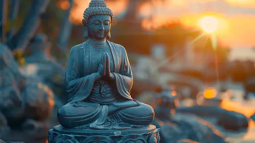 Marble Buddha statue with folded hands against the evening sky