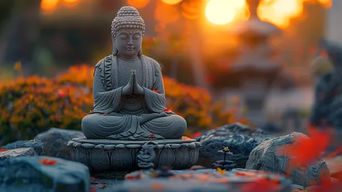 Stone Buddha statue with joined hands in a garden with bright flowers