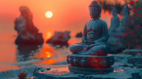 Image of a Buddha statue on the shore by the sea at sunset