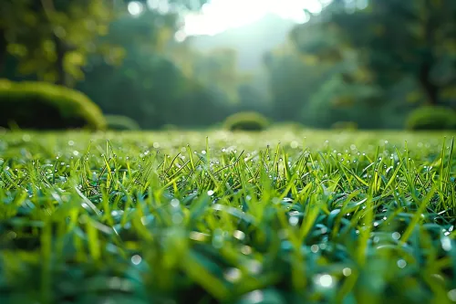 Close-up of dewy grass on a green lawn with a blurred forest background