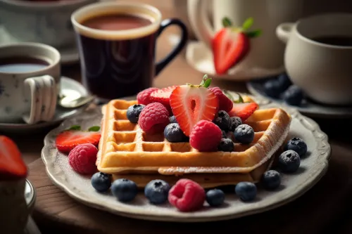 A plate of waffles, berries, and coffee cups on the table