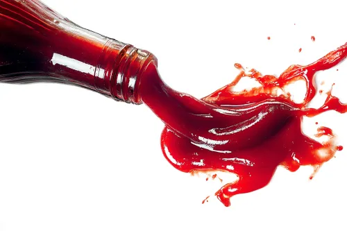 Ketchup spills out of a bottle, creating a vibrant stream against a white background