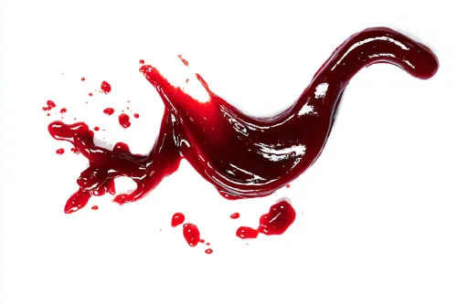 Dynamic image of red sauce droplets splattered on a white background