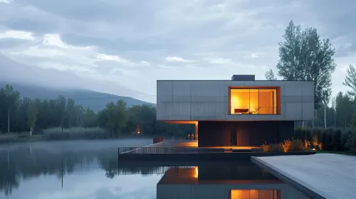 Cozy architectural project against the backdrop of a calm water body and evening sky