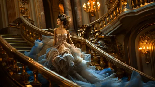 Girl in a luxurious dress descending a majestic staircase