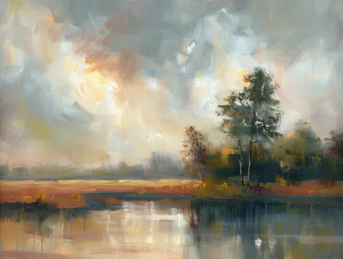Morning landscape with trees and reflection in calm water