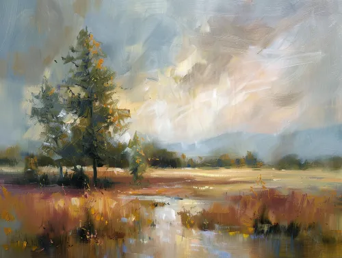 Pintura que representa un paisaje pintoresco con árboles y un río