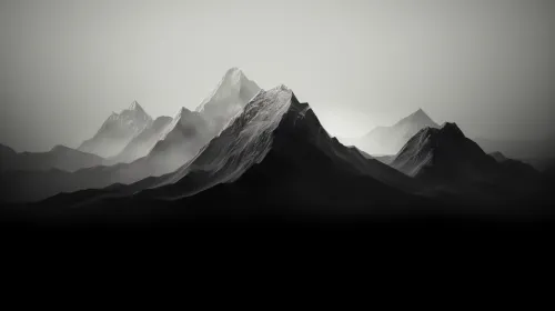 Black and white abstraction with mountain peaks and mist