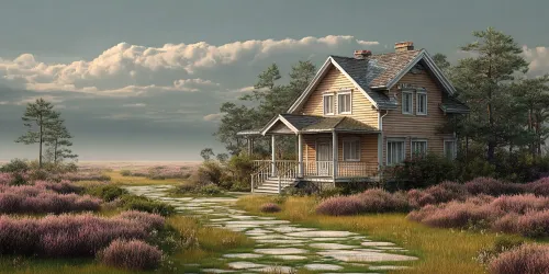 Wooden house with a veranda among blooming fields and trees