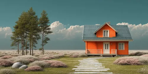 Casa naranja brillante con techo verde frente a nubes y un campo