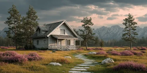 An old wooden house among picturesque nature and summer flowers
