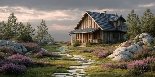 Wooden house surrounded by green landscape and blooming plants