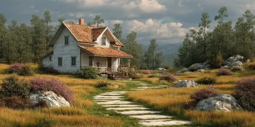 Old wooden house against the backdrop of nature and green meadows