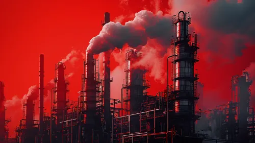 Factory with smoking chimneys against a red sky