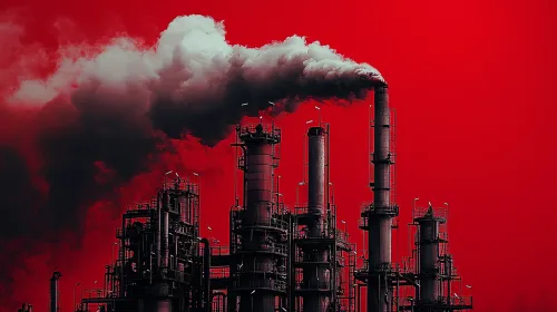 Factory with smoking chimneys against a red sky