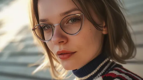 Retrato de una joven con cabello claro y gafas sobre un fondo de líneas difuminadas