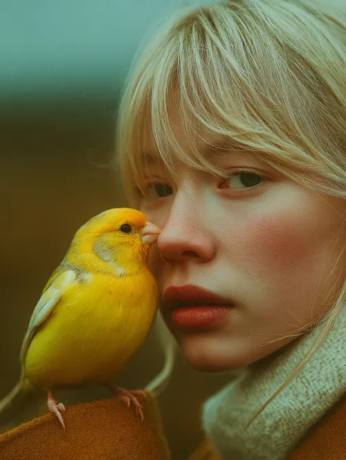 Portrait of a girl holding a yellow canary close to her face