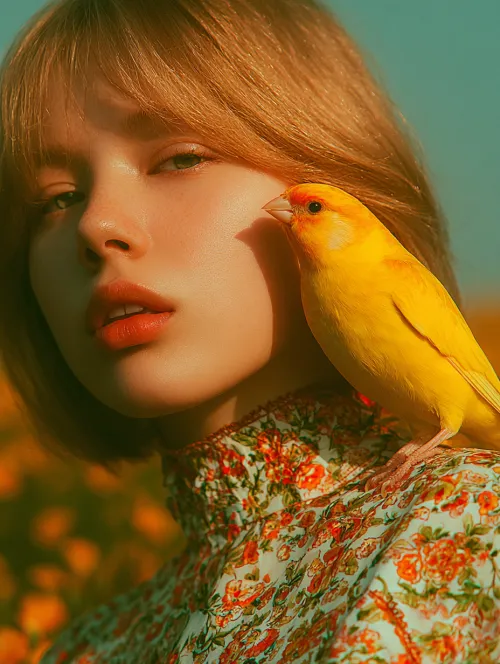 Portrait of a girl with a yellow canary on her shoulder among flowers