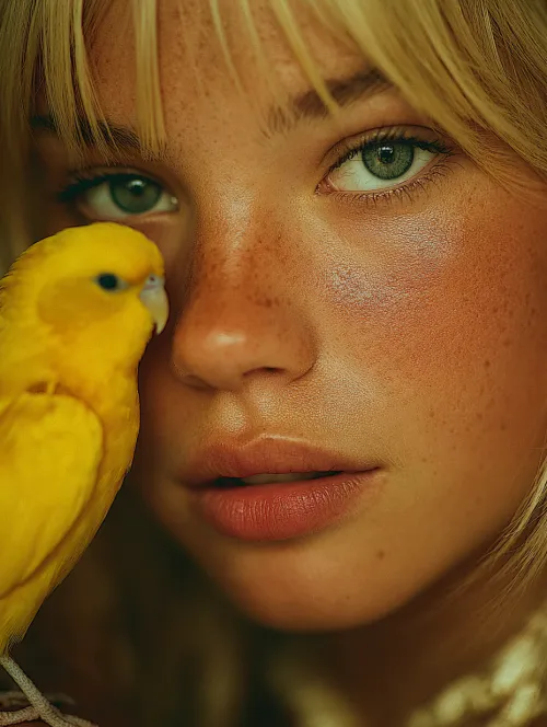 Portrait of a girl with blue eyes and a yellow canary