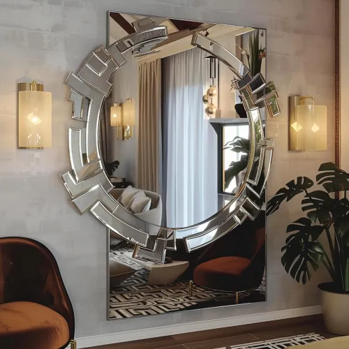 Espejo con marco decorativo en una habitación estilosa con plantas y lámparas