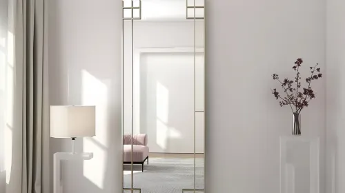 Interior de la habitación con espejo de pared, lámpara y composición floral