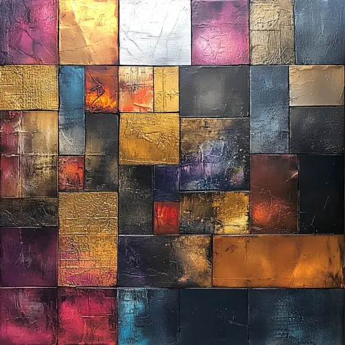 An interesting combination of geometric figures and rich hues in abstract painting