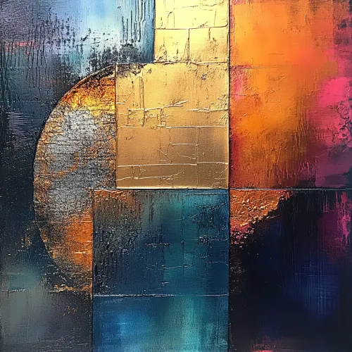 Abstract painting with textured fragments of various colors