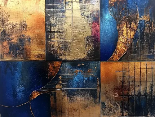Contemporary abstraction using gold and blue colors with texture