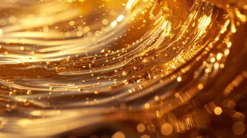 Texture of a golden flow with droplets and light reflections