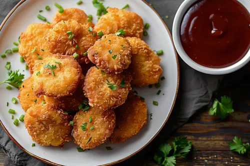 Тарелка с жареными куриными наггетсами, посыпанными зеленью