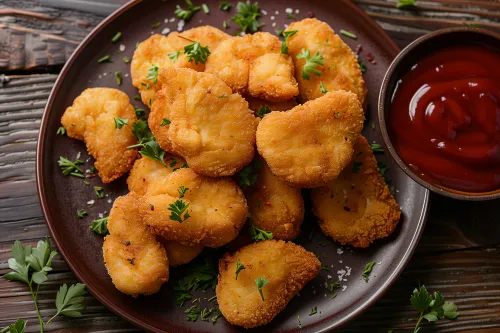 Куриные наггетсы, поданные с зеленью и соусом, на коричневой тарелке