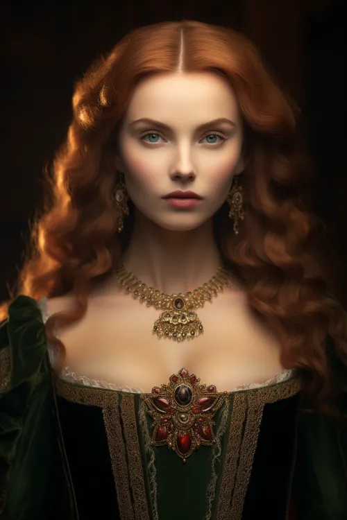Woman with Long Red Hair in Historical Dress and Jewelry