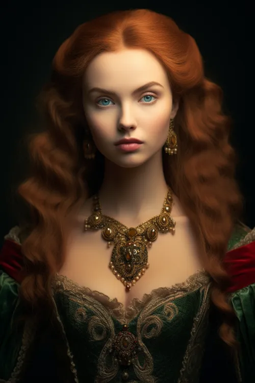 Image of a woman with long red hair and historical style jewelry