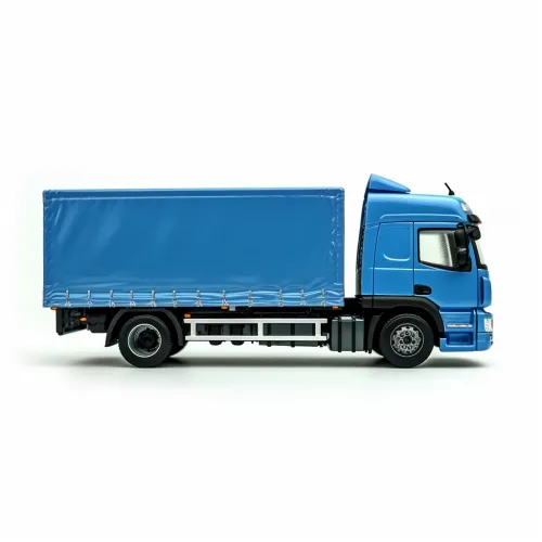 Image of a blue cargo truck with a tarp on a white background