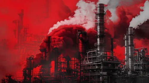 Silhouette of Factories with Smoke Clouds Against a Red Sky