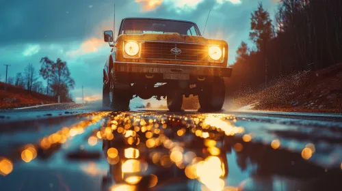Poderoso SUV atraviesa charcos en la noche